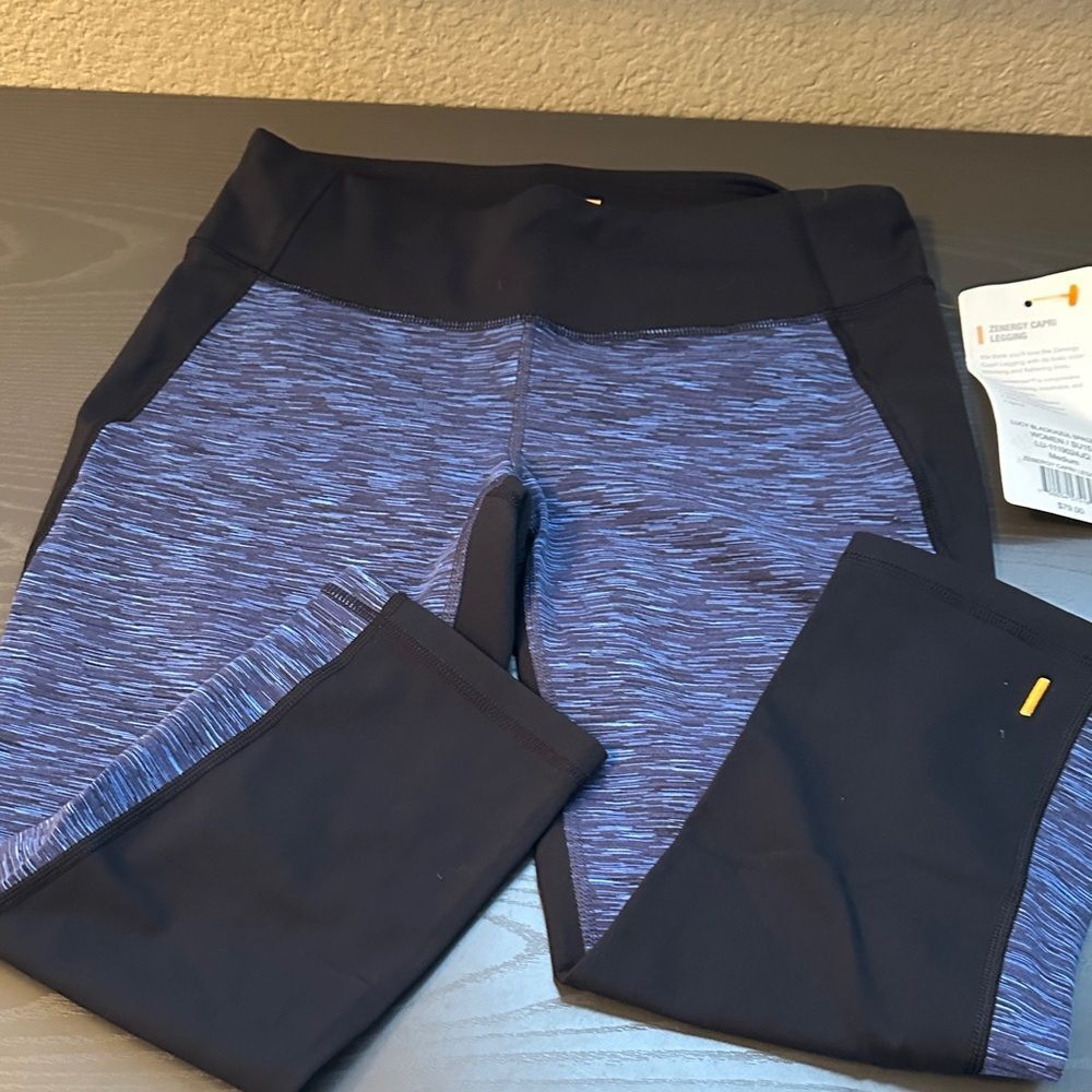 Lucy Zenergy Women’s Black/Azul Space dye Capri Leggings Size M NWT